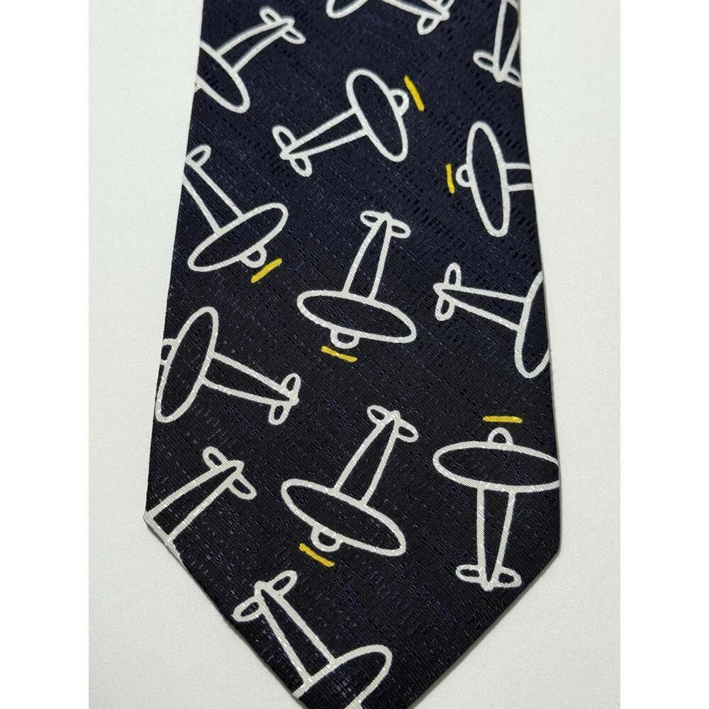 Enrico Coveri Italy Tie – Navy Blue with Airplane Print | Vintage Designer 57”